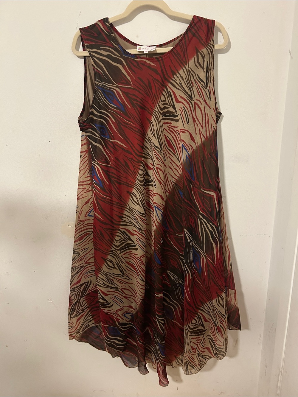Asymmetrical Flowy Sleeveless Red & Tan Animal-Print A-Line Dress